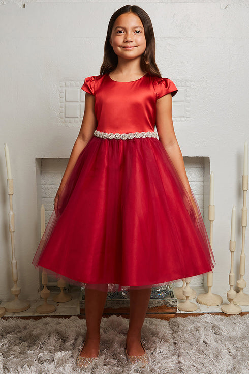 Kids Dream Big Girls Red Satin Tulle Rhinestone Vestido de Navidad 8-14